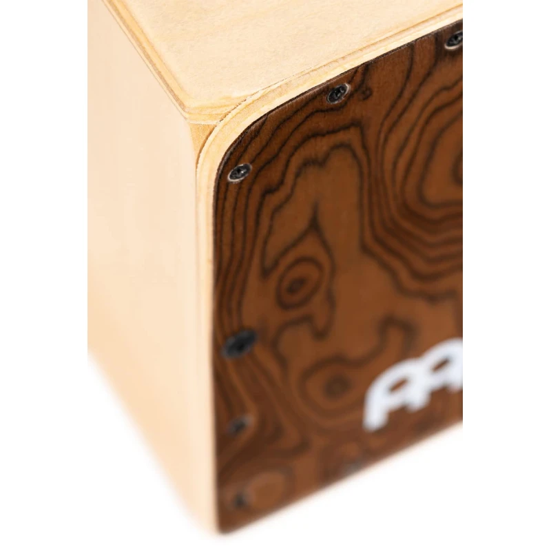 Mini Cajon drum with burl wood finish for percussion enthusiasts.