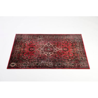 Vintage Persian rug with detailed floral and geometric designs in red and black.