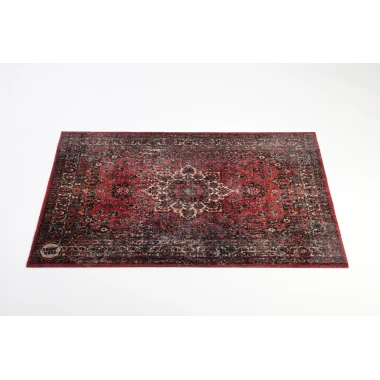 Vintage Persian rug with detailed floral and geometric designs in red and black.