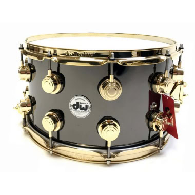 High-quality custom snare drum with gold hardware and black finish.