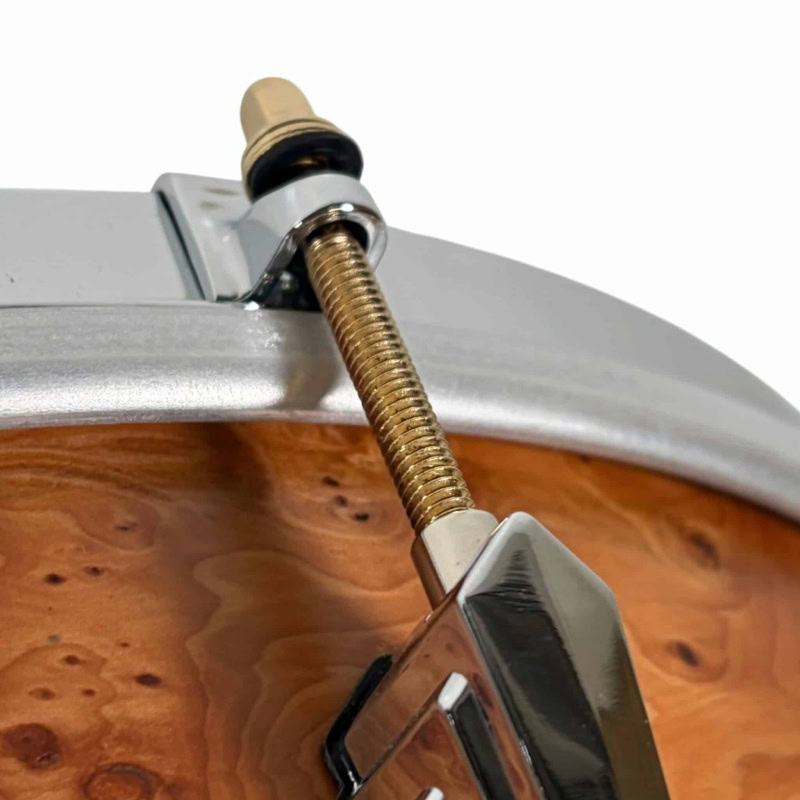 Snare drum tension rod and shell detail from the British Drum Company 'The Archer' 14x6in snare drum.