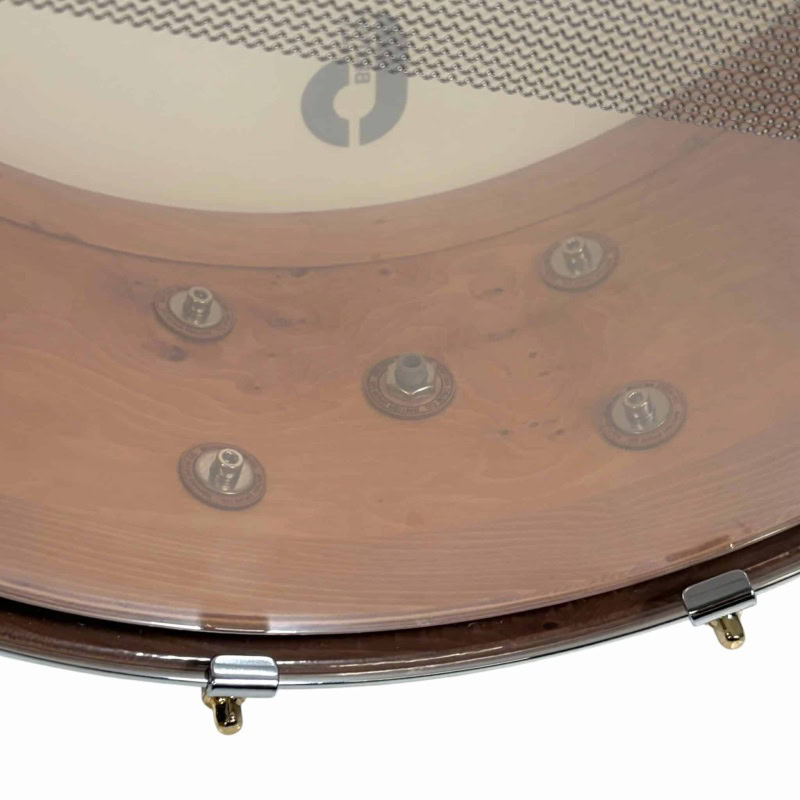 High-quality wooden snare drum with metal hardware, part of the British Drum Company 'The Archer' se.