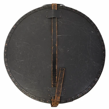 Vintage cymbal case with leather strap and metal accents, ideal for protecting drum cymbals during t.
