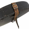Vintage cymbal case with worn leather strap and metal buckle, ideal for protecting cymbals during tr.