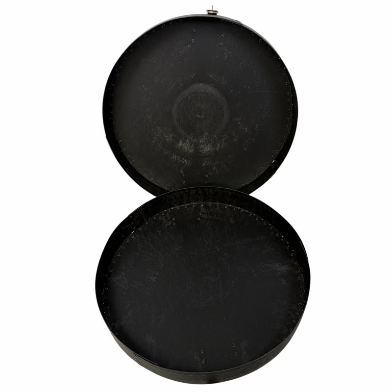 Vintage black cymbal case with lid, ideal for drum gear storage.