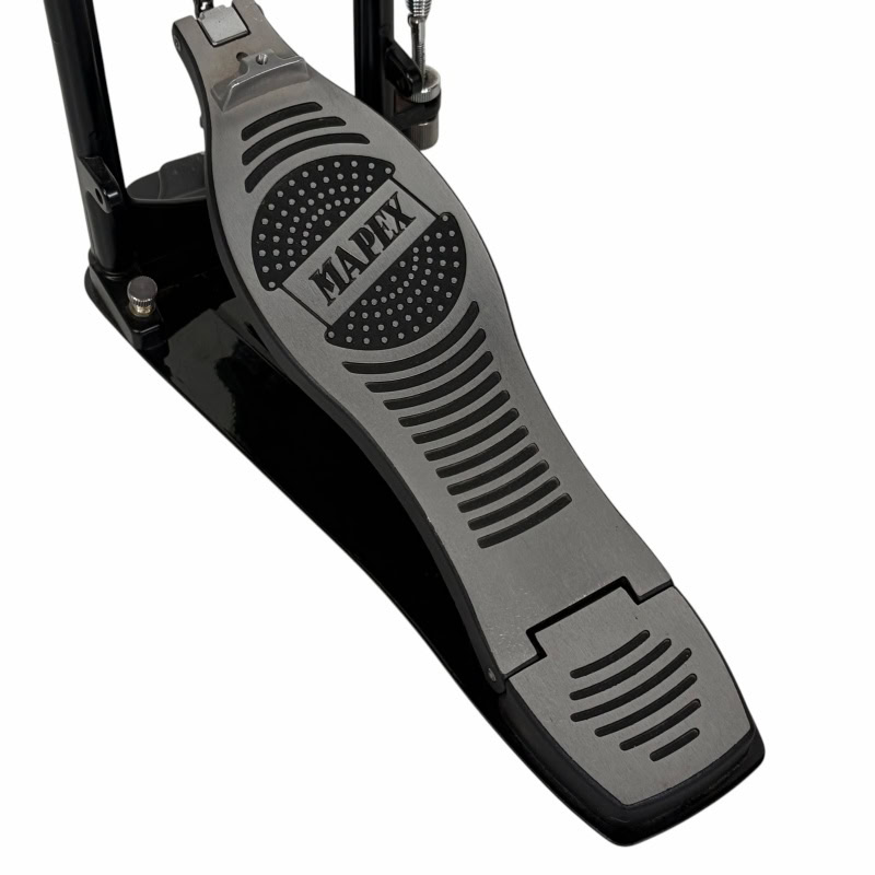 Bass drum pedal with adjustable tension for drummers.
