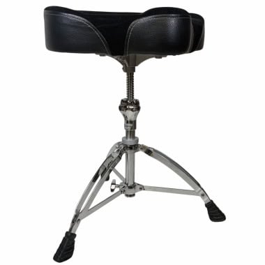 Drummer's drum throne seat with adjustable height and sturdy tripod base for comfort during performa.