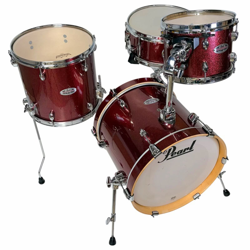 Red Pearl drum kit with bass, snare, and tom drums for drummers.