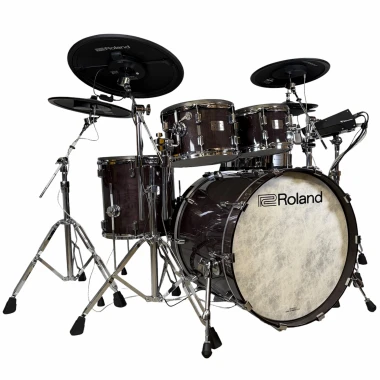 Modern Roland electronic drum kit with cymbals and drum pads for professional drumming.