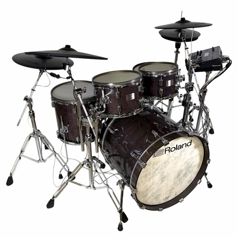 Electronic drum kit with Roland pads and cymbals for professional drumming.