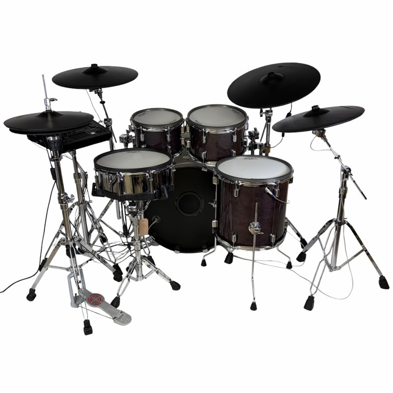 Electronic drum kit with cymbals and drum pads for professional drumming.