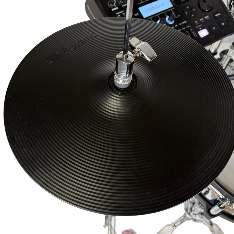 Electronic drum cymbal for drummers, part of a professional drum kit setup, ideal for practice and p.