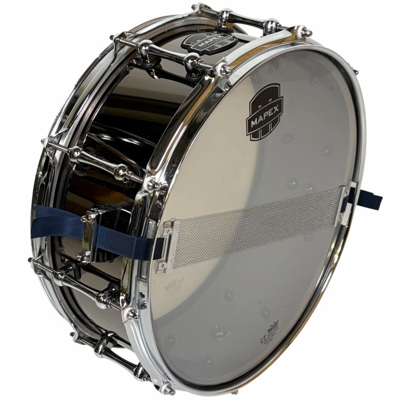Snare drum featuring Mapex branding, chrome hardware, and a clear drumhead, ideal for drummers seeki.