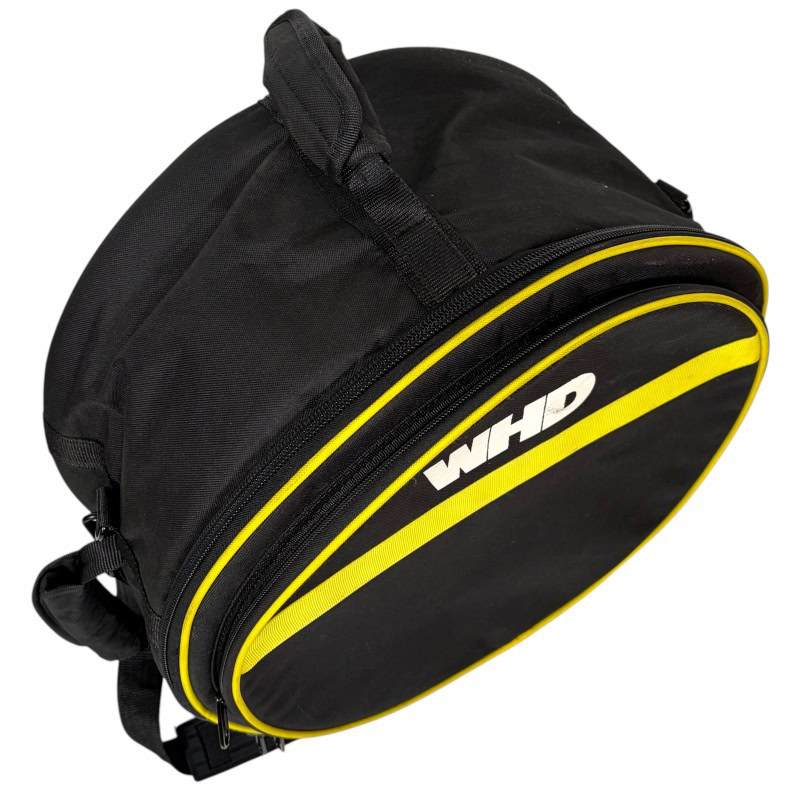 Black drumstick bag with yellow accents and WHD logo for drummers.