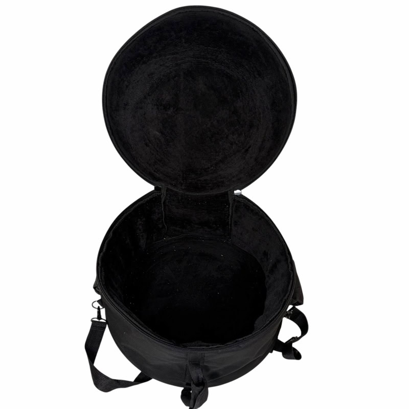 High-quality black drum bag with padded interior for protection.