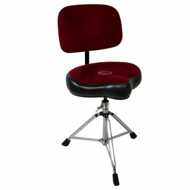 Adjustable drum throne with red cushioned seat and backrest for comfortable drumming sessions.