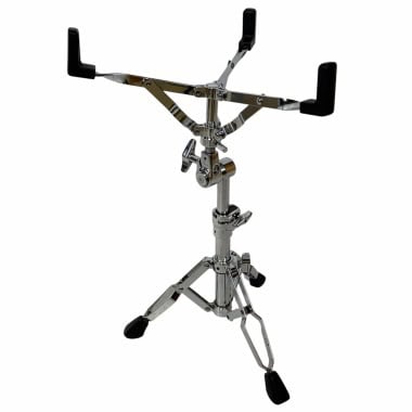 Adjustable drum practice pad holder for drummers, sturdy metal stand with rubber feet.