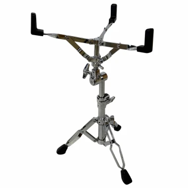 Adjustable drum practice pad holder for drummers, sturdy metal stand with rubber feet.