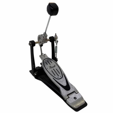 Drummer's bass drum pedal with chain drive and adjustable tension.