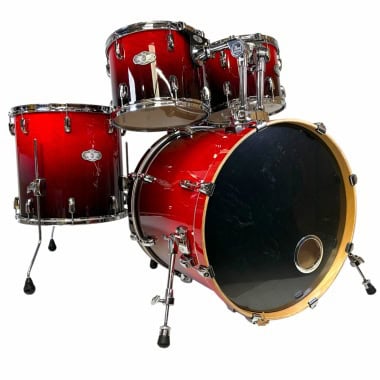 Professional red drum kit for drummers, music studios, and performances.