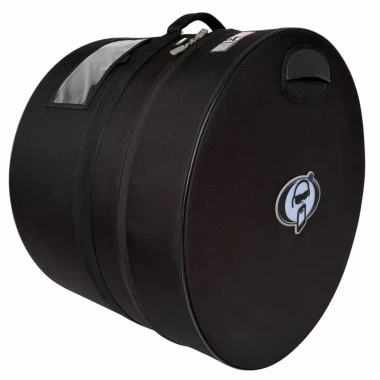 Durable black drum bag with handle and logo for secure drum transport.
