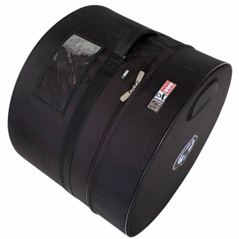 Black drum stick bag with transparent pocket and zipper closure for drummers.