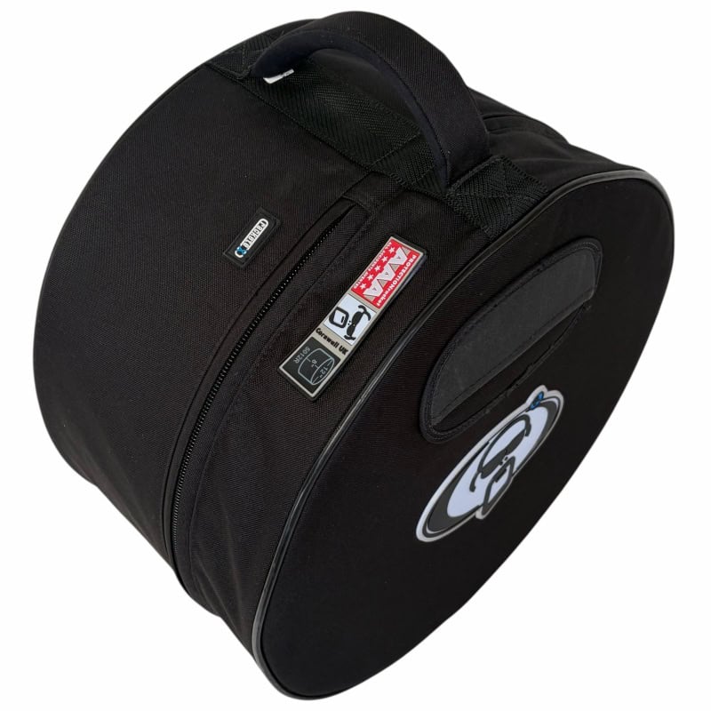Durable black drumstick bag with handle and logo for drummers.