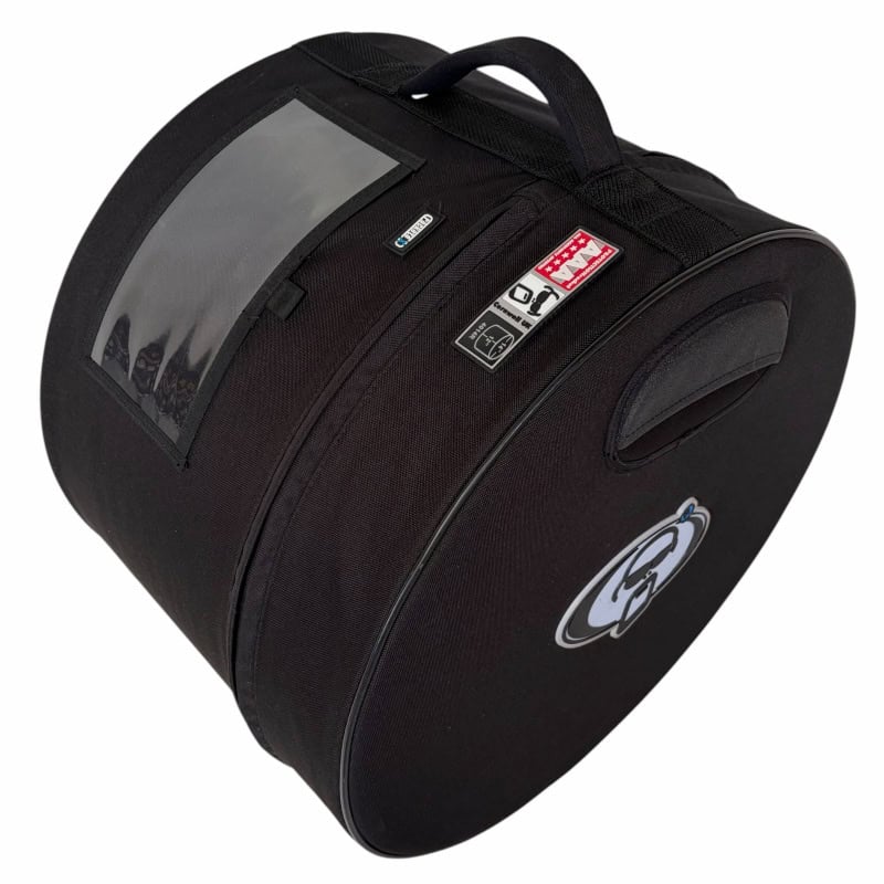 Black drumstick bag with transparent window and logo, ideal for drummers.