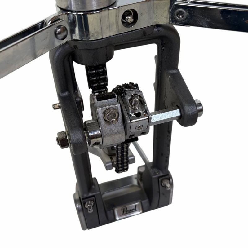 Close-up of a professional drum pedal mechanism for drummers.