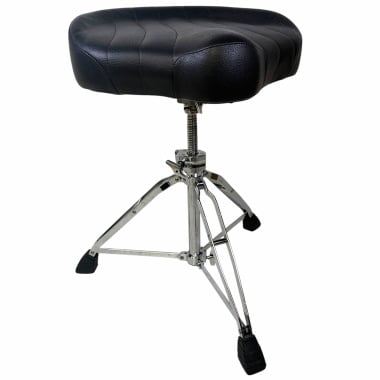 Adjustable drum throne seat for drummers, with sturdy metal legs and cushioned top.