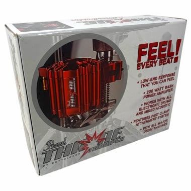 Close-up of a red electronic drum trigger for drummers, showcasing its compact design and mounting f.