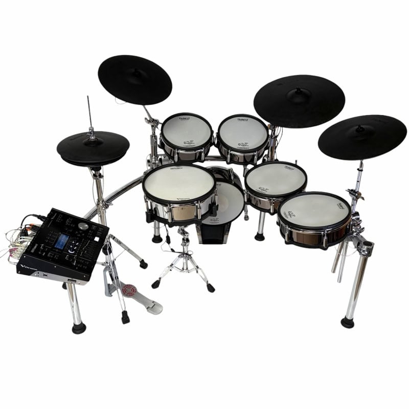 Electronic drum kit with cymbals and drum pads for professional drumming practice and performances.