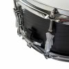 Close-up of a black drum with chrome hardware, showcasing detailed drum lugs and tension rods.