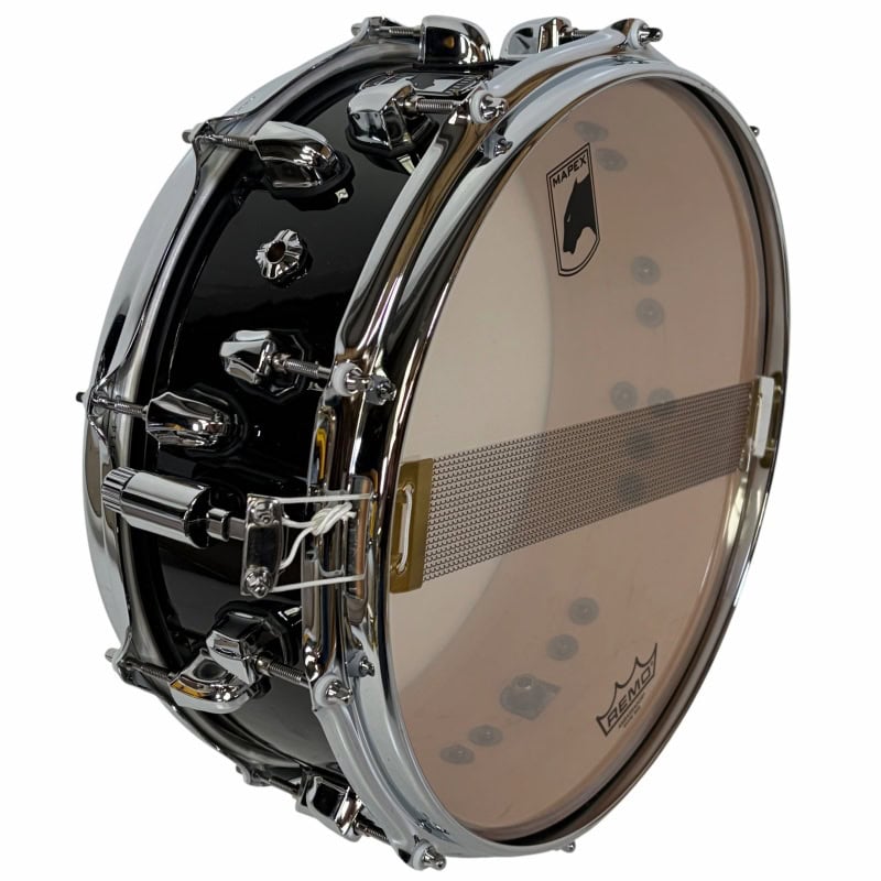 High-quality black and chrome snare drum for professional drummers.