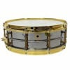 Vintage snare drum with chrome finish and gold hardware, ideal for professional drummers and percuss.