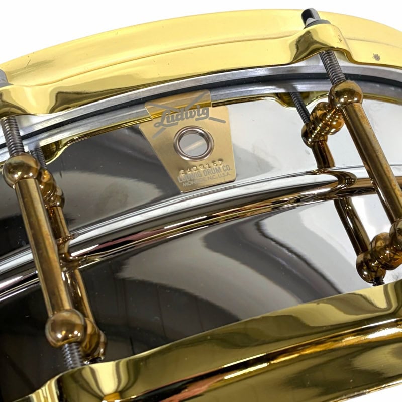 Close-up of a high-quality drum with gold and chrome finish, showcasing professional drum hardware.