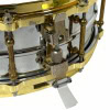 Close-up of a professional snare drum with gold hardware and tuning mechanisms.