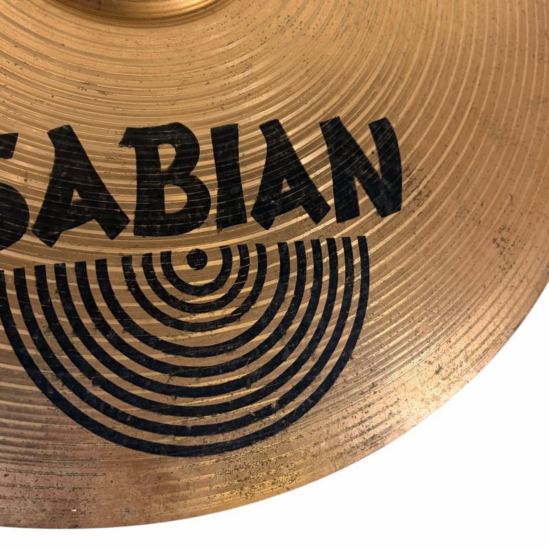 Sabian cymbal used by drummers, close-up shot for percussion equipment.