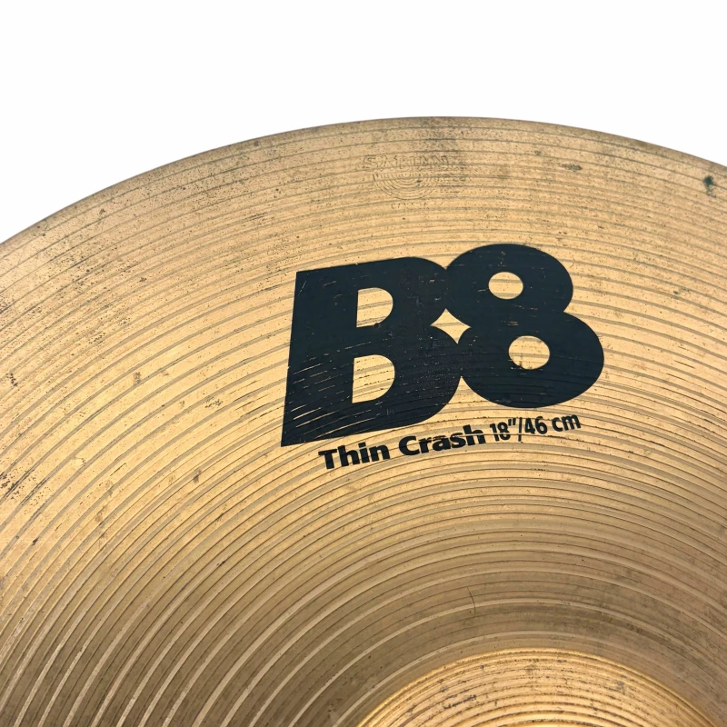 Close-up of B8 Thin Crash cymbal with detailed grooves and branding.