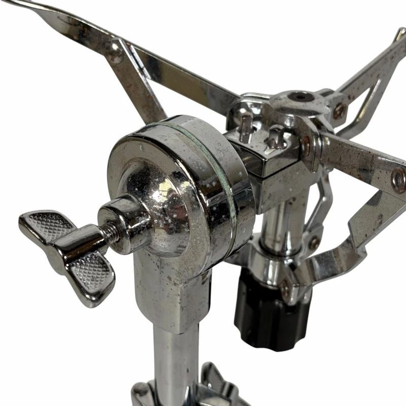 Drum hardware component for professional drummers, showcasing a metal drum stand with adjustable fea.