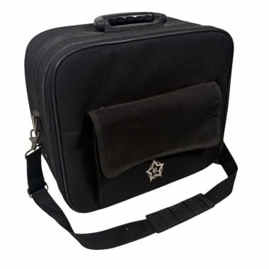 Black drumstick bag for drummers with adjustable strap and front pocket.