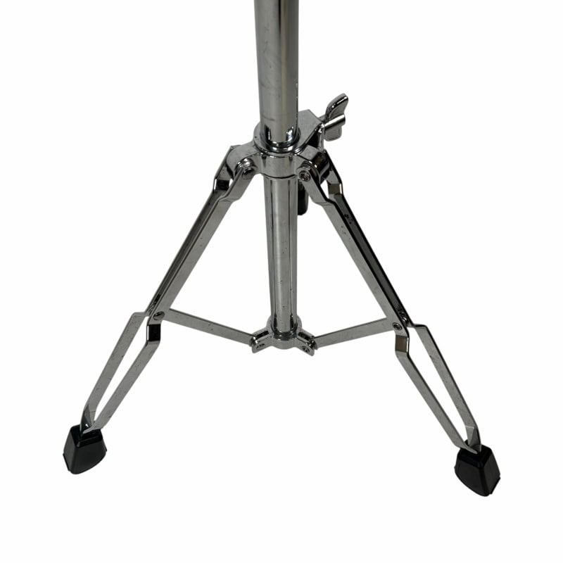 Metal drum stand for percussion instruments, adjustable tripod support.