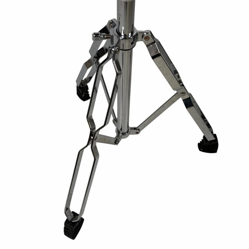 Metal drum throne stand with adjustable legs for stability.