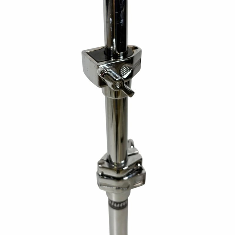 Close-up of professional drum hardware stand with adjustable clamp.