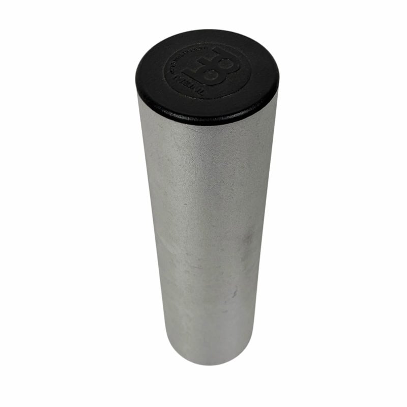 Metal drumstick holder for drummers, cylindrical design, black top.