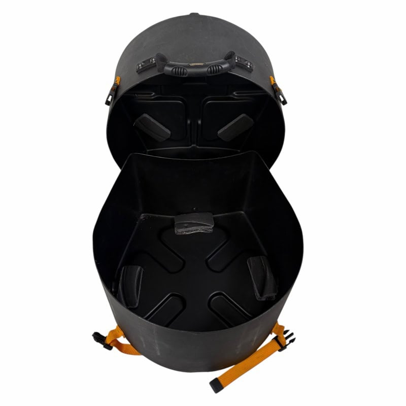 Helmet storage case for drummers with secure straps and padding.