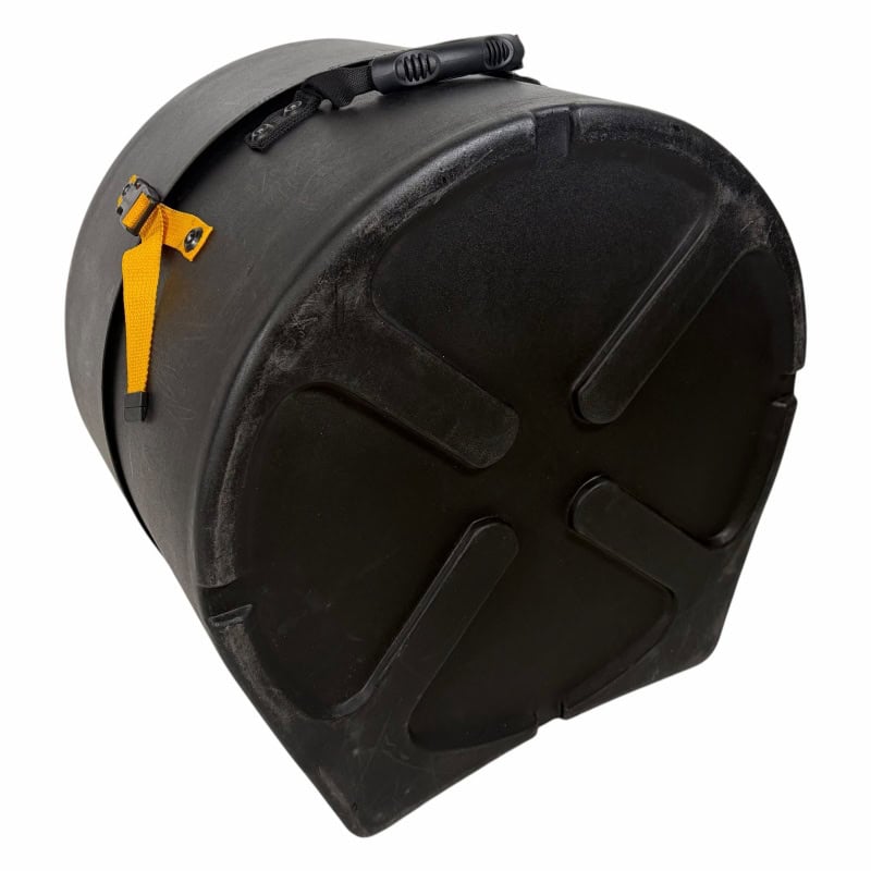 Heavy-duty black drum case with handle and yellow strap for secure transport.