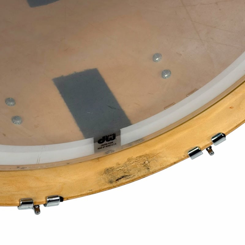 High-quality drum head with wooden rim and metal tension rods.