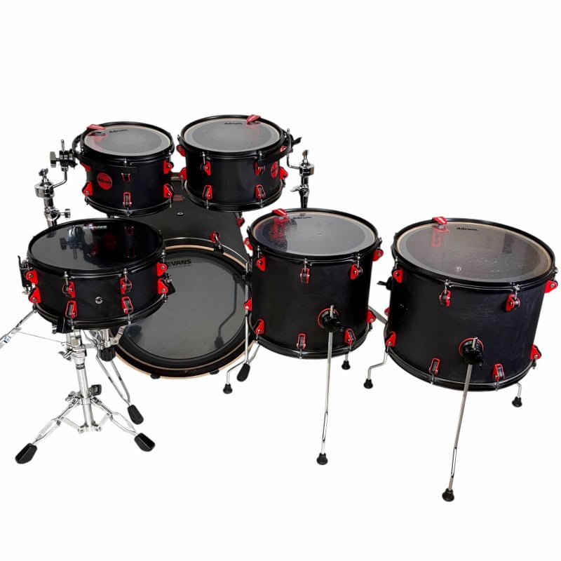 Drum kit with multiple drums and cymbals, perfect for professional drummers and music studios.