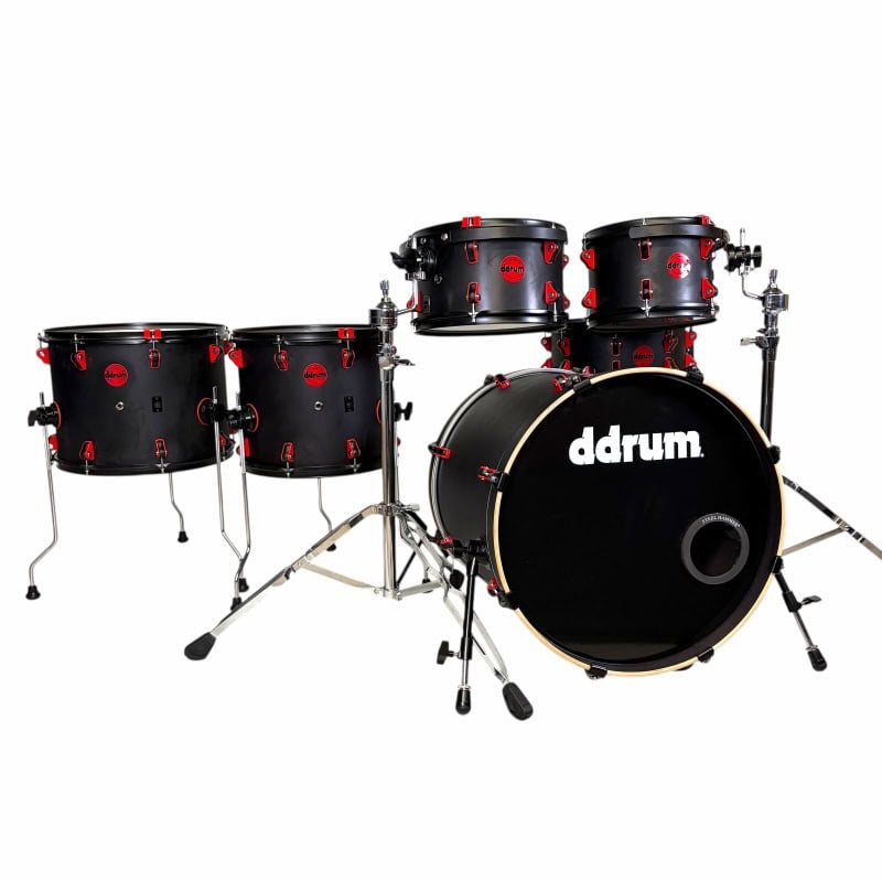 Black drum kit with cymbals and hardware for professional drumming.
